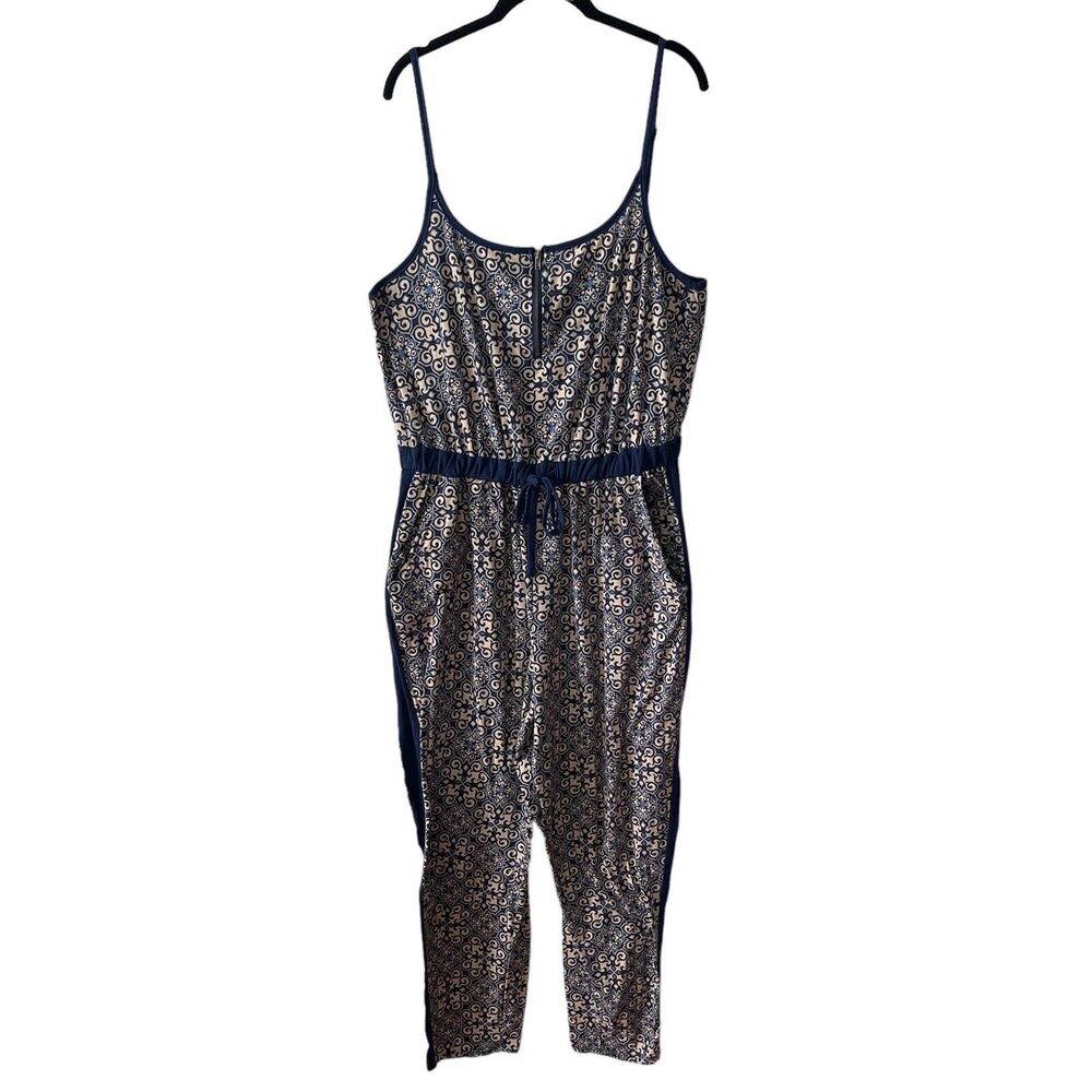 Derek Heart Plus 1X Jumpsuit Blue Cream Print Pockets Cinch Waist Vneck